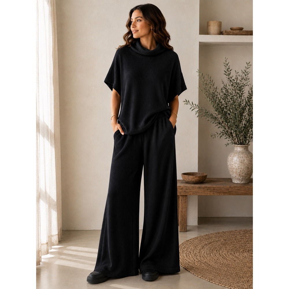210. New Zenana Waffle Knit 2 Piece Set Black Top & Wide Leg Pants
